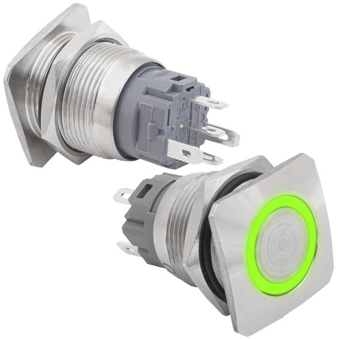 Кнопка антивандальная RUICHI GQ19E-10E/G/N off-(on), рабочая температура -25…+55 °C, никелированная латунь, зелёная, с квадратной фаской