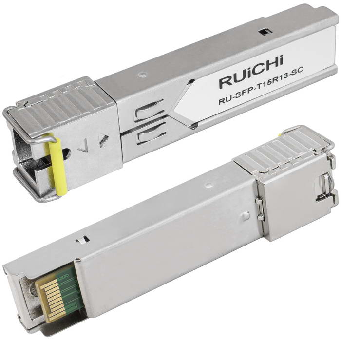 SFP модуль RUICHI RU-SFP-T15R13-SC Одно волокно Single Mode. Скорость: до 1,25 Гбит/c. Тип разъема: SC. Расстояние передачи - до 10км. Рабочая длина волны,нм - Tx:1550/Rx:1310. Поддержка DDM.