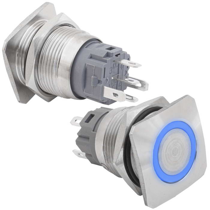 Кнопка антивандальная RUICHI GQ19E-10E/B/N off-(on), рабочая температура -25…+55 °C, никелированная латунь, синяя, с квадратной фаской