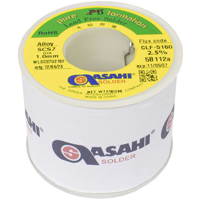 Припой Asahi SCS7 CLF5160, бессвинцовый, No Clean Core Wire, Sn/Cu0.7/Si, диаметр 1.0мм, катушка 250г