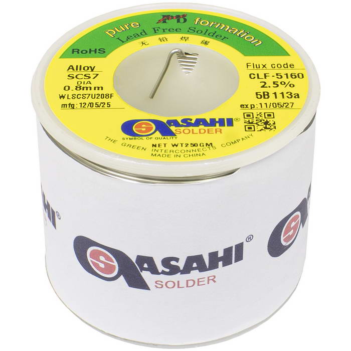 Припой Asahi SCS7 CLF5160, бессвинцовый, No Clean Core Wire, Sn/Cu0.7/Si, диаметр 0.8мм, катушка 250г