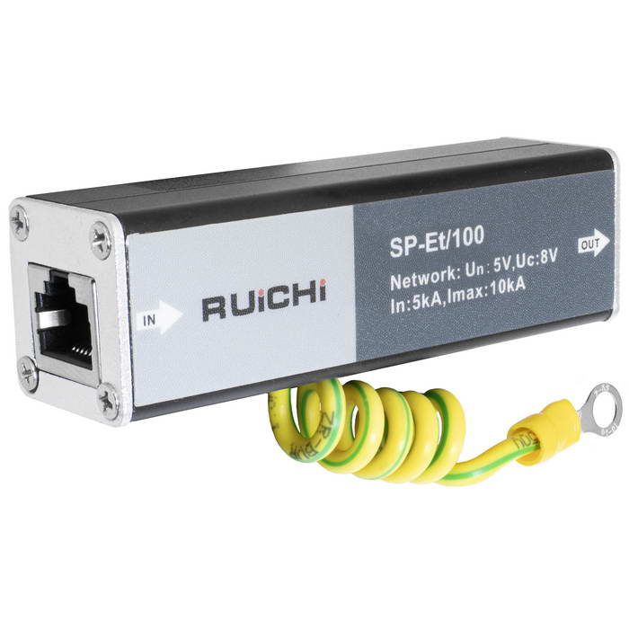 Устройство грозозащиты RUICHI SP-Et/100 для локальной вычислительной сети (скорость до 100 Мб/с), 1 вход (RJ45-мама), 1 выход (RJ45-мама).