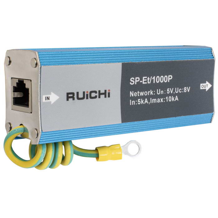 Устройство грозозащиты RUICHI SP-Et/1000P для локальной вычислительной сети (скорость до 1000 Мбит/с) с защитой линий PoE (af/at, методы A + B, контакты 1/2, 3/6, 4/5, 7/8).