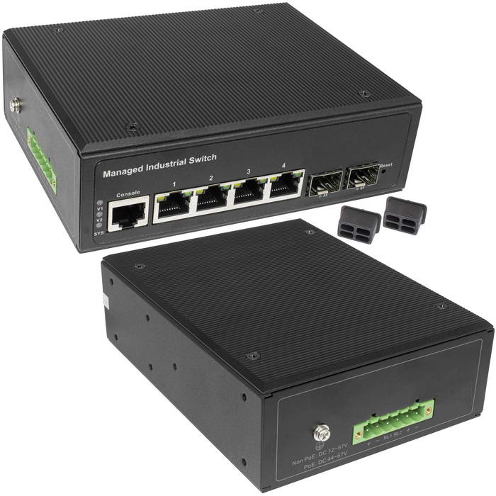 Промышленный управляемый L2+ коммутатор RU-SW-4G2S-L/I Gigabit Ethernet на 4GE+2GE SFP порта. Порты: 4xGE (10/100/1000Base-T) + 2xGE SFP (1000Base-X). Поддержка режима увеличения расстояния передачи данных до 250м.