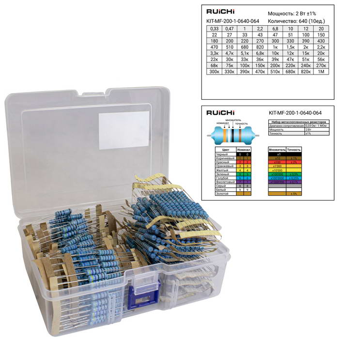 Набор выводных металлопленочных резисторов RUICHI KIT-MF-200-1-0640-064, 640 штук (64 номинала по 10 штук), 2 Вт, 1%, 0.33 Ом - 1 МОм