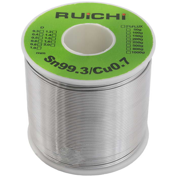 Припой оловянно-медный RUICHI, Sn 99.3%/Cu 0.7%, бессвинцовый, диаметр 0.8 мм, 250 г, с флюсом