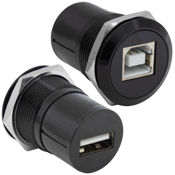 Панельный модуль (переходник) передачи данных USB RUICHI USB 2.0 B(M)-A(F) PN, прямой порт USB, 5В, 0.5 А, крепление гайка с резьбой, корпус пластиковый, цвет черный