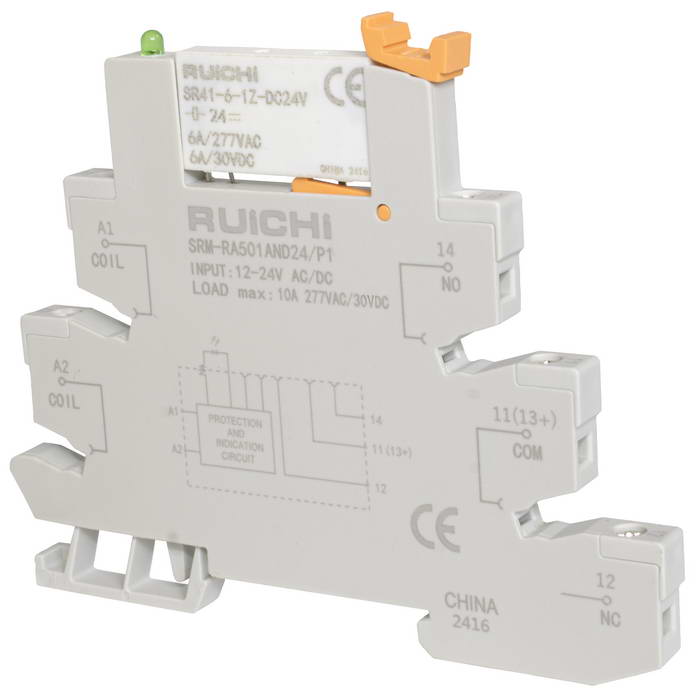 Интерфейсный модуль реле RUICHI SRM-RA501AND24/P1, 6 А, 12-24 В AC/DC, 1 перекидной контакт, моностабильное переключение, с колодкой, винтовое соединение