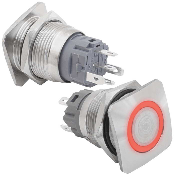 Кнопка антивандальная RUICHI GQ19E-10E/R/N off-(on), рабочая температура -25…+55 °C, никелированная латунь, красная, с квадратной фаской