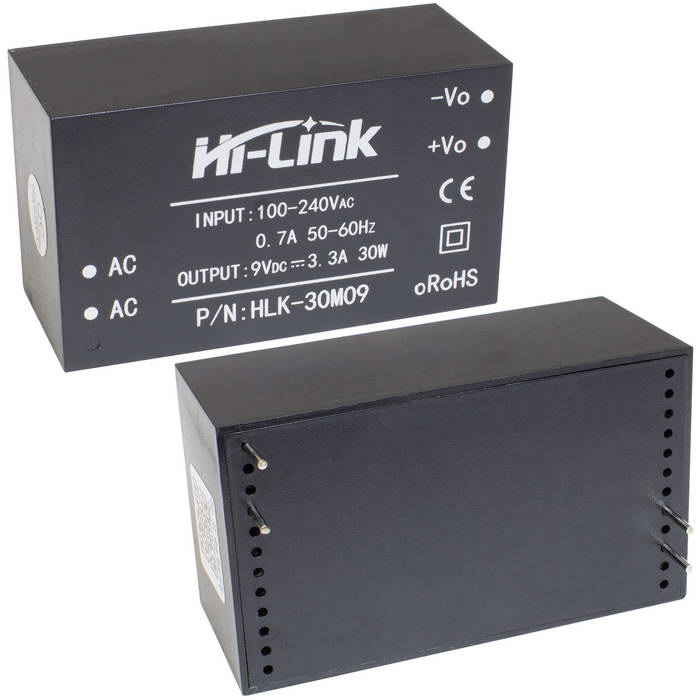 Блок питания на печатную плату Hi-Link HLK-30M09, 85-264 В (АС) 3.3 А, 9 В, корпус из поликарбоната.