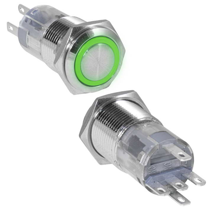 Кнопка антивандальная RUICHI LAS2GQF-11ZE/G/N, ON-ON, рабочая температура -25…+55 °C, никелированная латунь