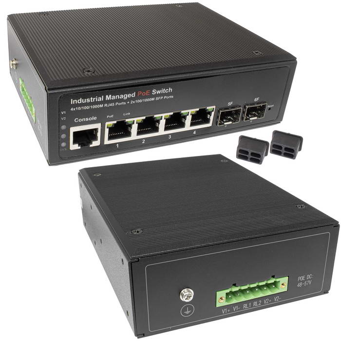 Промышленный управляемый L2+ PoE коммутатор RU-SW-4G2S-PL/I Gigabit Ethernet на 4GE PoE + 2 GE SFP порта. Порты: 4xGE (10/100/1000Base-T) с PoE (до 30W) + 2xGE SFP (1000Base-X). Соответствует стандартам PoE IEEE 802.3af/at.