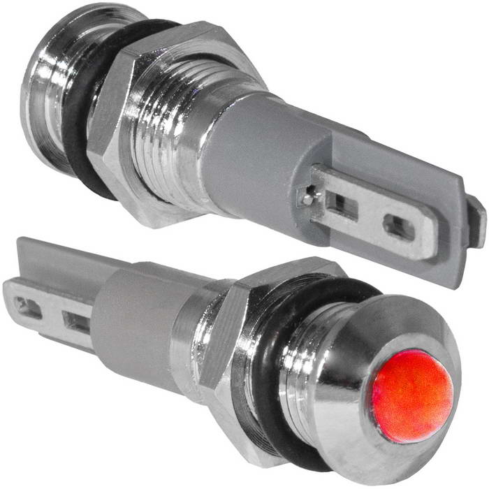 Индикатор антивандальный RUICHI GQ8PR-R, цвет красный, точечный излучатель, 12-24 В, 15 мА, гибкие выводы, никелированная латунь