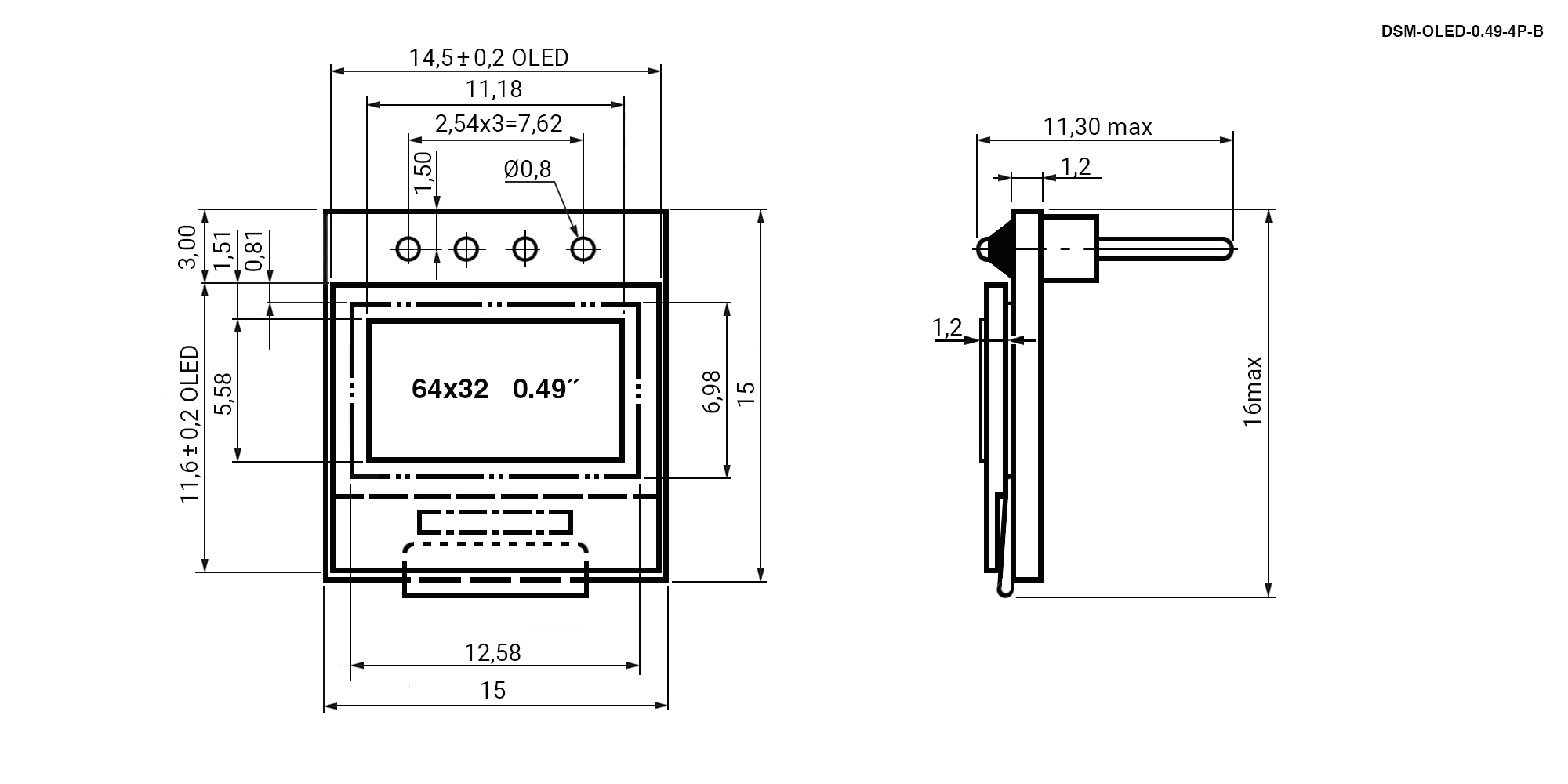 0.49-дюймовый модуль OLED-дисплей RUICHI, DSM-OLED-0.49-4P-B, 64x32 пикс., I2C, белый