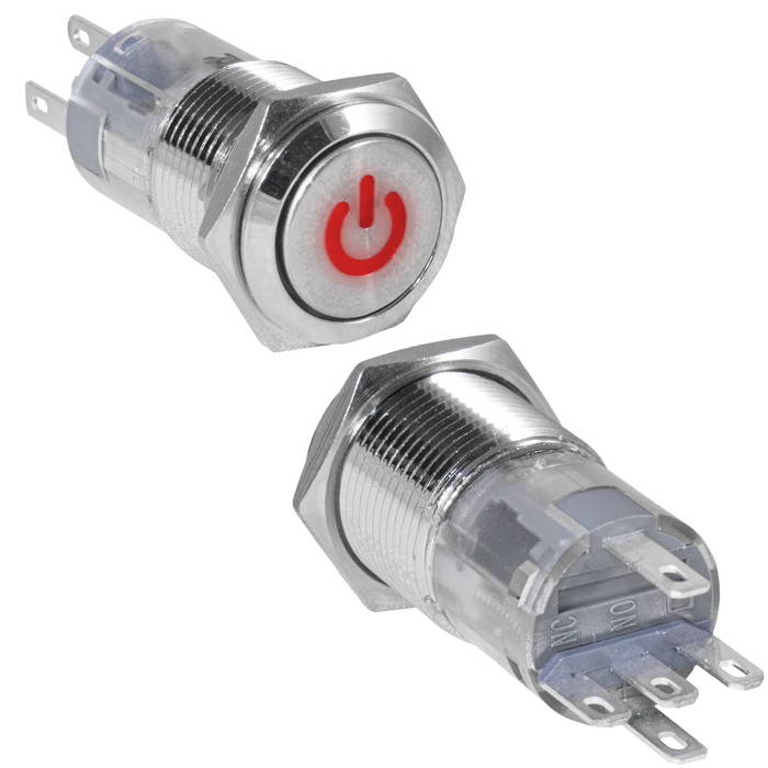Кнопка антивандальная RUICHI LAS2GQF-11DT/R/N, ON-(ON), рабочая температура -25…+55 °C, никелированная латунь