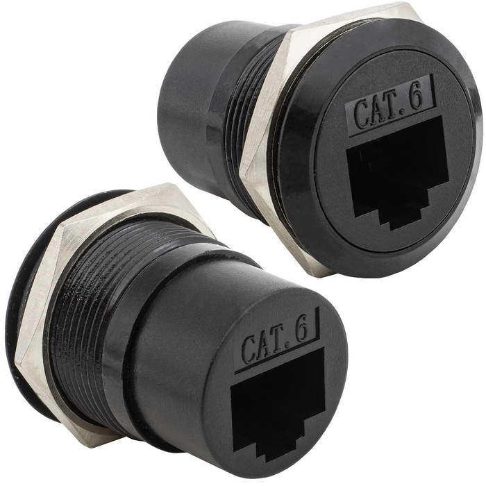 Панельный модуль (переходник) передачи данных RJ45-6A PN, прямой порт RJ45, крепление гайка с резьбой, корпус пластиковый, цвет черный