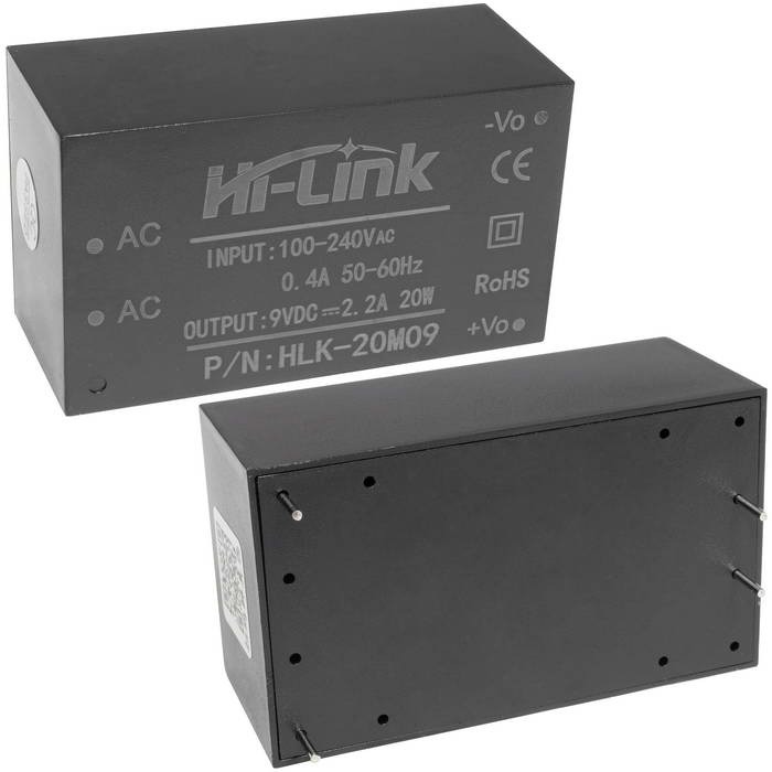 Блок питания на печатную плату Hi-Link HLK-20M09, 85-264 В (АС) 2.2 А, 9 В, корпус из поликарбоната.