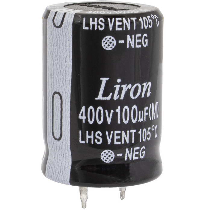 LHS2G101MP030K63B, конденсатор электролитический с жесткими выводами (Snap In) радиальный Liron, 100 мкФ, 400 В, 22х30 мм, -40…+105 °C, наработка 2000 часов