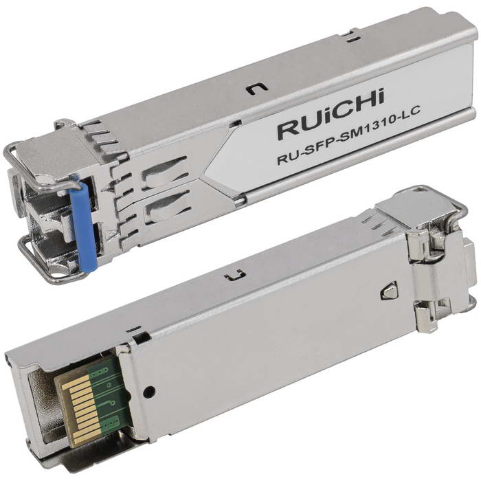 SFP модуль RUICHI RU-SFP-SM1310-LC Два волокна Single Mode. Скорость: до 1,25 Гбит/c. Тип разъема: 2xLC. Расстояние передачи - до 20км. Рабочая длина волны,нм - Tx:1310/Rx:1310. Поддержка DDM.