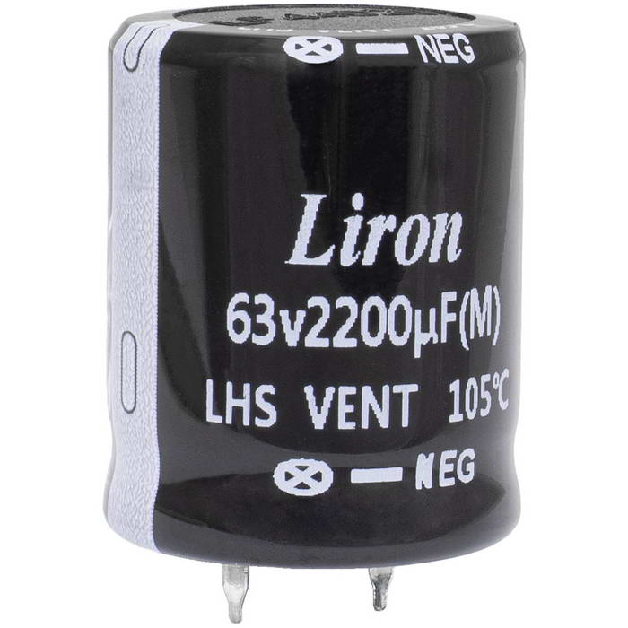 LHS1J222MP035K63B, конденсатор электролитический с жесткими выводами (Snap In) радиальный Liron, 2200 мкФ, 63 В, 22х35 мм, -40…+105 °C, наработка 2000 часов