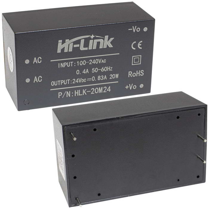 Блок питания на печатную плату Hi-Link HLK-20M24, 85-264 В (АС) 0.83 А, 24 В, корпус из поликарбоната.