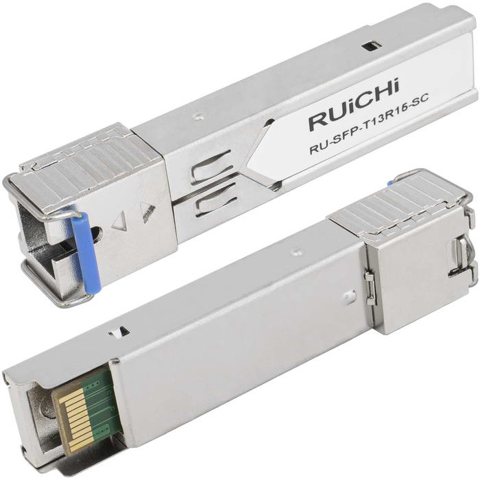 SFP модуль RUICHI RU-SFP-T13R15-SC Одно волокно Single Mode. Скорость: до 1,25 Гбит/c. Тип разъема: SC. Расстояние передачи - до 10км. Рабочая длина волны,нм - Tx:1310/Rx:1550. Поддержка DDM.