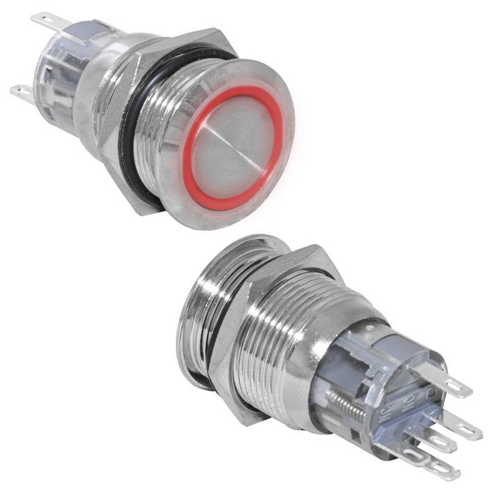 Кнопка антивандальная RUICHI LAS2-AGQ-11E/R/N, ON-(ON), рабочая температура -25…+55 °C, никелированная латунь