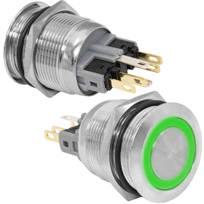 Кнопка антивандальная RUICHI GQ22-11E/G/N, ON-(OFF)+OFF-(ON), рабочая температура - 25…+55 °C, никелированная латунь