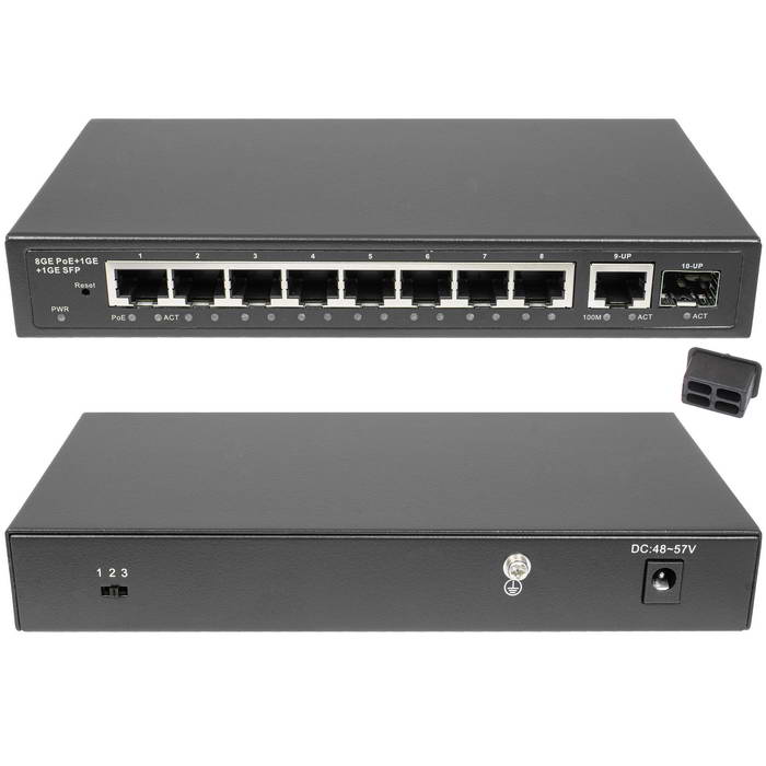 PoE коммутатор RU-SW-8G1S-P Gigabit Ethernet на 8GE PoE + 1 GE SFP порта. Порты: 8xGE (10/100/1000Base-T) с PoE (до 30W) + 1xGE SFP (1000Base-X). Соответствует стандартам PoE IEEE 802.3af/at. Lite Management.