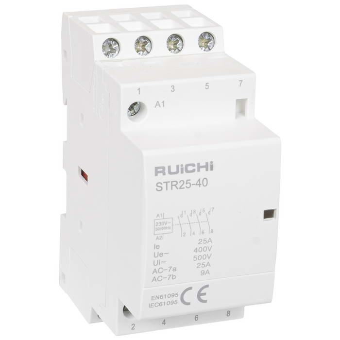 Модульный электронный контактор RUICHI STR25-40 4NO 25А 230В катушка, 500В, AC-7a/AC- 7b, DIN-рейка 35 мм, IP20