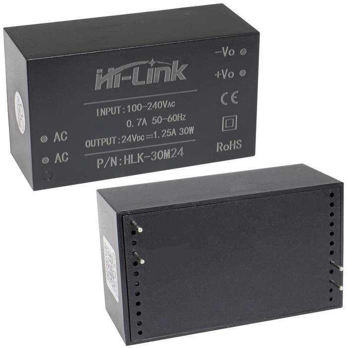 Блок питания на печатную плату Hi-Link HLK-30M24, 85-264 В (АС) 1.25 А, 24 В, корпус из поликарбоната.