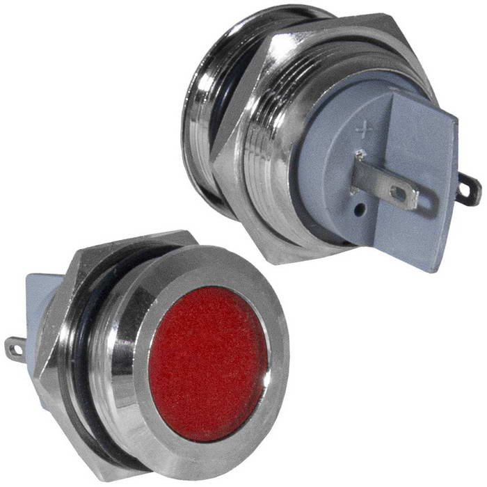 Индикатор антивандальный RUICHI GQ19PF-R, цвет красный, точечный излучатель, 12-24 В, 15 мА, гибкие выводы, никелированная латунь