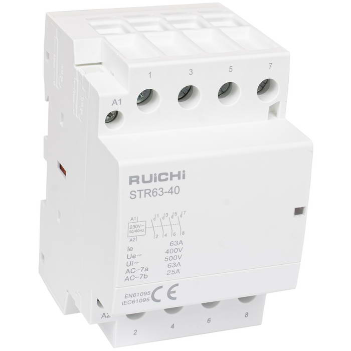 Модульный электронный контактор RUICHI STR63-40 4NO 63А 230В катушка, 500В, AC-7a/AC- 7b, DIN-рейка 35 мм, IP20