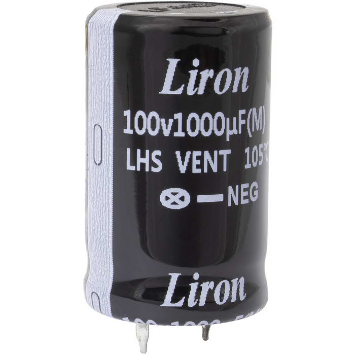 LHS2A102MP035K63B, конденсатор электролитический с жесткими выводами (Snap In) радиальный Liron, 1000 мкФ, 100 В, 22х35 мм, -40…+105 °C, наработка 2000 часов