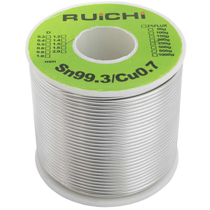 Припой оловянно-медный RUICHI, Sn 99.3%/Cu 0.7%, бессвинцовый, диаметр 1.5 мм, 250 г, с флюсом