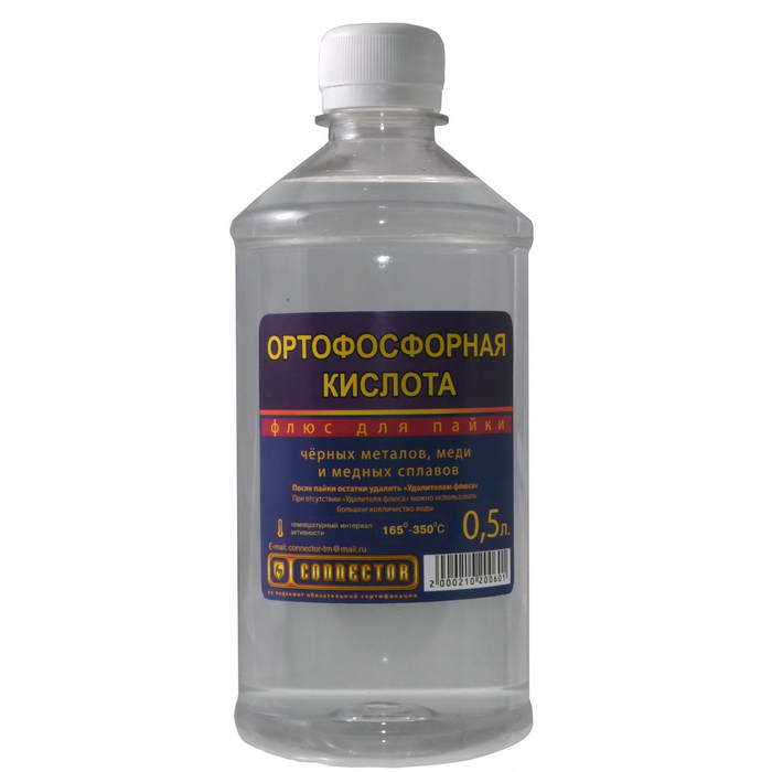 Флюс для пайки Ортофосфорная кислота, 0,5 л, пластмассовая бутылка с крышкой и контролем вскрытия