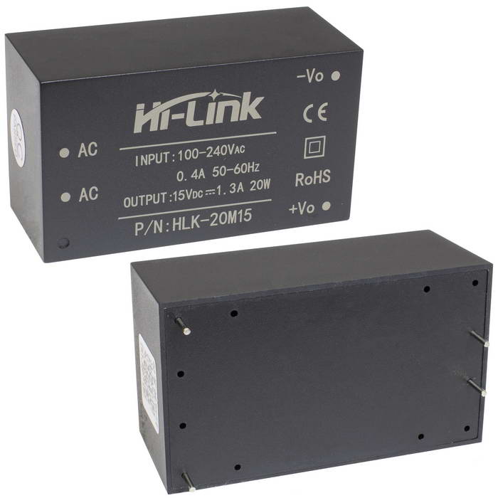 Блок питания на печатную плату Hi-Link HLK-20M15, 85-264 В (АС) 1.3 А, 15 В, корпус из поликарбоната.