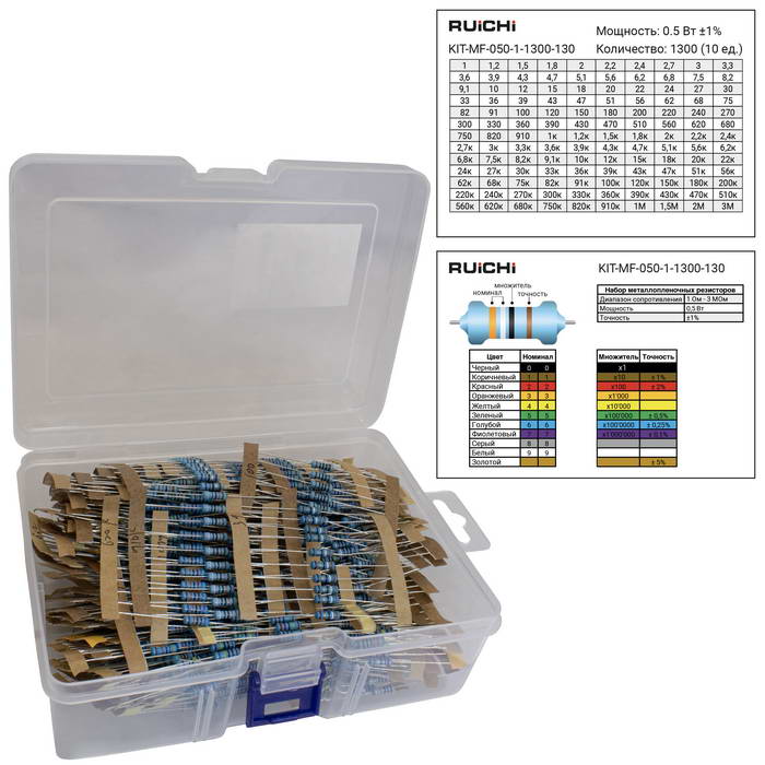 Набор выводных металлопленочных резисторов RUICHI KIT-MF-050-1-1300-130, 1300 штук (130 номиналов по 10 штук), 0.5 Вт, 1%, 1 Ом - 3 МОм