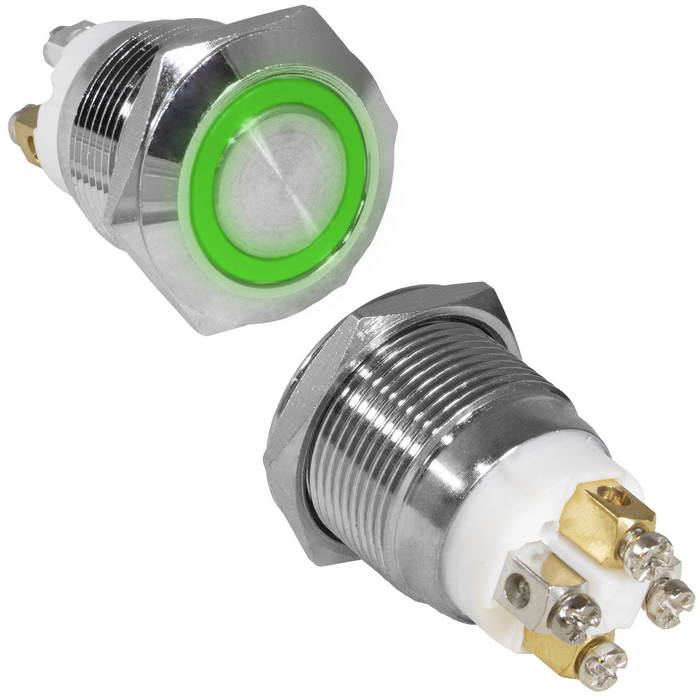 Кнопка антивандальная RUICHI GQ19F-10E/G/N, OFF-(ON), рабочая температура -25…+55 °C, никелированная латунь