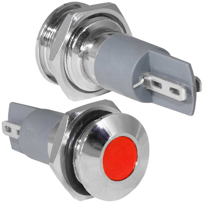 Индикатор антивандальный RUICHI GQ10PF-R, точечный излучатель, 12-24 В, 15 мА, гибкие выводы, никелированная латунь