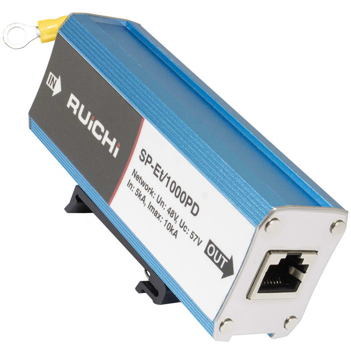 Устройство грозозащиты RUICHI SP-Et/1000PD с креплением на DIN-рейку для локальной вычислительной сети (скорость до 1000 Мбит/с) с защитой линий PoE (af/at, методы A + B, контакты 1/2, 3/6, 4/5, 7/8).