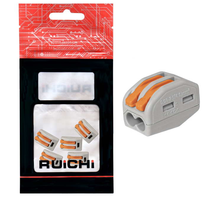 Клемма зажимная соединительная 2-контактная RUICHI 222-412, 32 А, 250 В, PA66, упаковка 5 шт.