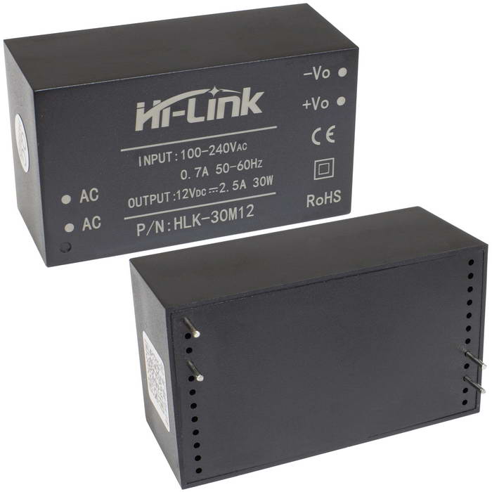 Блок питания на печатную плату Hi-Link HLK-30M12, 85-264 В (АС) 2.5 А, 12 В, корпус из поликарбоната.