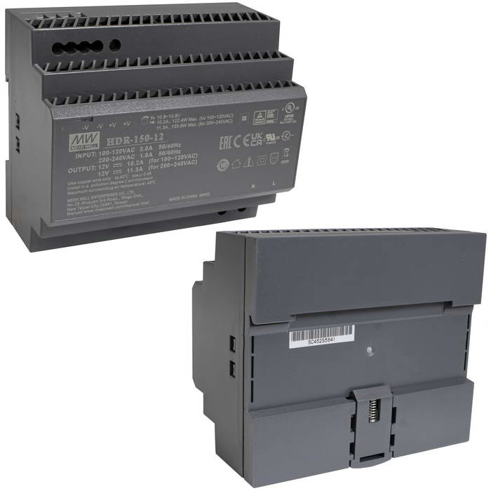 HDR-150-12-MW, Блок питания AC-DC, 135.6Вт, вход 85...264 В AC 47...63Гц/120...370В DC, выход 12В/11.3А, рег. выхода 10.8:13.8В, изоляция 3000В AC, в кожухе на DIN-рейку, 105х90х54.5мм, - 30...+70°С