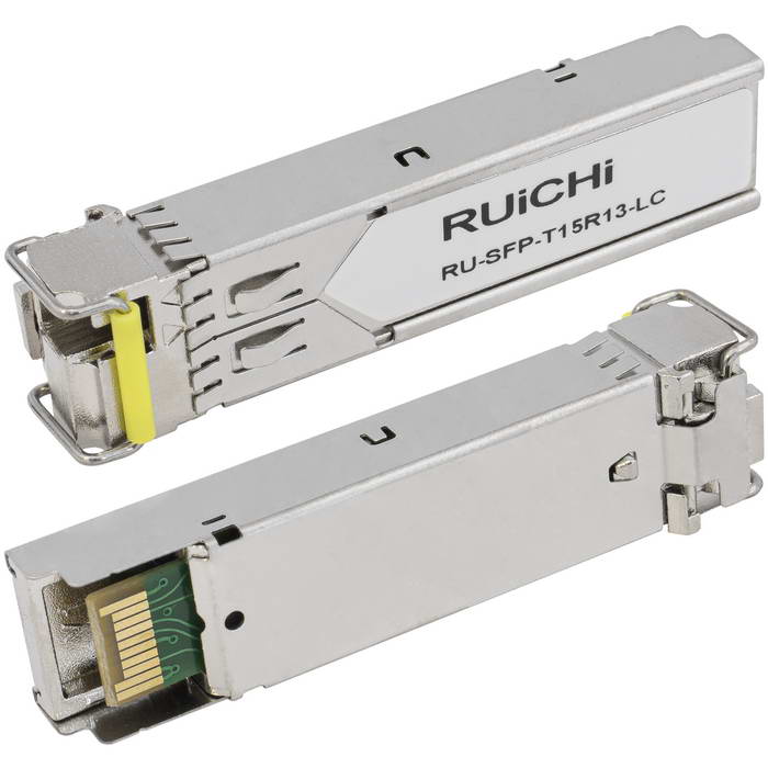 SFP модуль RUICHI RU-SFP-T15R13-LC Одно волокно Single Mode. Скорость: до 1,25 Гбит/c. Тип разъема: LC. Расстояние передачи - до 20км. Рабочая длина волны,нм - Tx:1550/Rx:1310. Поддержка DDM.