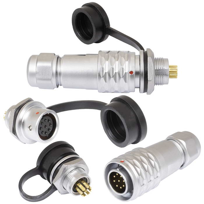 Комплект быстросъемного разъема push-pull кабель-блок RUICHI SR12-12/MF9P, 9-ти контактный, диаметр кабеля 4-6,5 мм, 5 А, IP67, -20…+85°С, корпус хромированная латунь