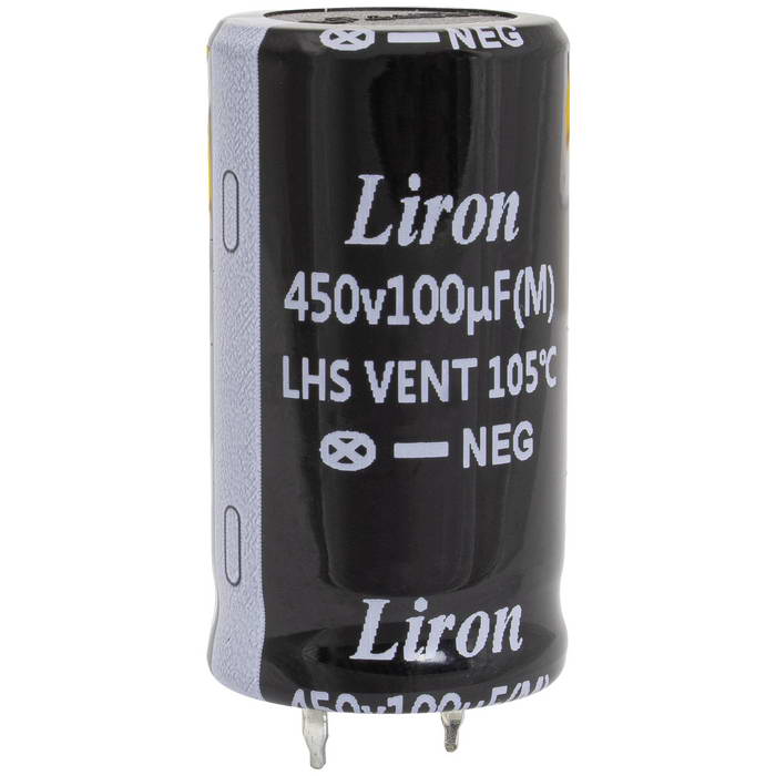 LHS2W101MP040K63B, конденсатор электролитический с жесткими выводами (Snap In) радиальный Liron, 100 мкФ, 450 В, 22х40 мм, -40…+105 °C, наработка 2000 часов