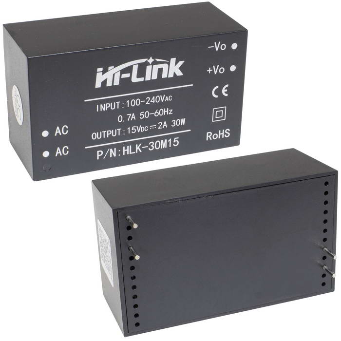 Блок питания на печатную плату Hi-Link HLK-30M15, 85-264 В (АС) 2 А, 15 В, корпус из поликарбоната.