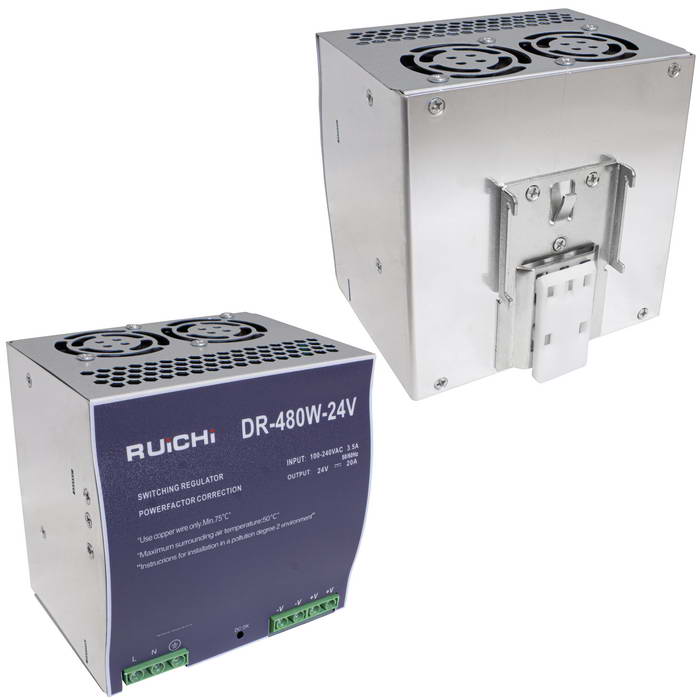 Блок питания на DIN-рейку RUICHI DR-480-24, 100-240 В (АС) 20 А, 24 В, металлический корпус