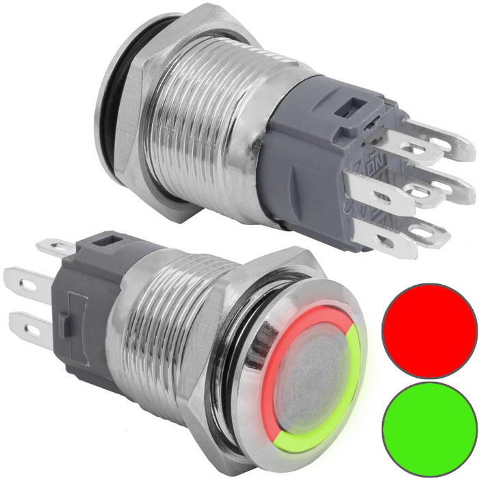 Кнопка антивандальная RUICHI GQ16B-10E/RG/N off-(on), рабочая температура -25…+55 °C, никелированная латунь, двухцветная (RG) подсветка